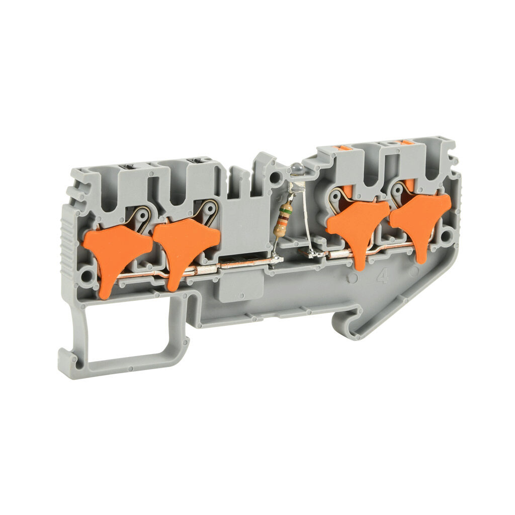 KN-P25CLD48-25 - Konnect-It screwless common point feedthrough terminal block, single-level, 2 inputs to 2 outputs bridged with power indicator, accepts wire size 28-12 AWG, gray, 20A, 48 VAC/VDC, LED indicator(s), 35mm DIN rail mount. Package of 25.