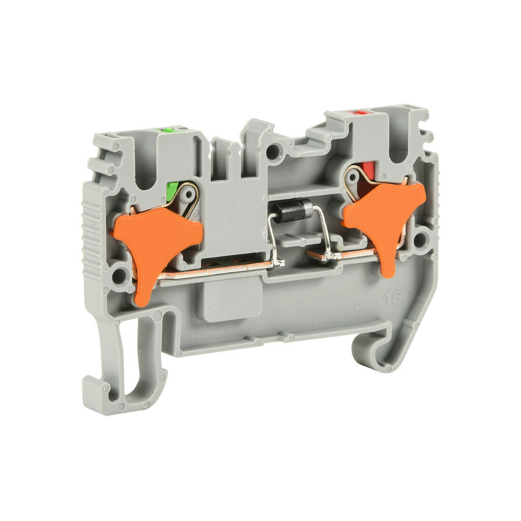 KN-P25DA - Konnect-It screwless feedthrough terminal block, single-level with diode, cathode on input, accepts wire size 28-12 AWG, gray, 1A, 600 VAC/VDC, 35mm DIN rail mount. Package of 50.