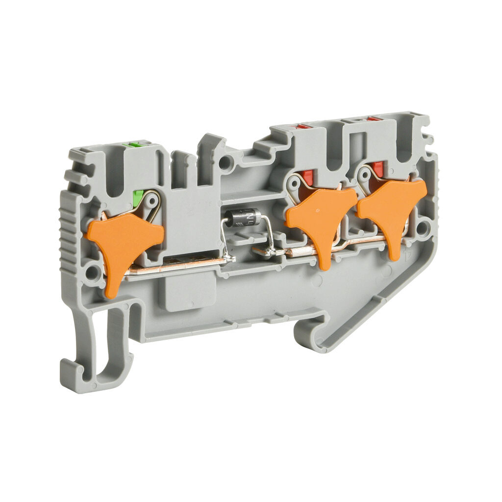 KN-P25DA-1-2 - Konnect-It screwless common point feedthrough terminal block, single-level, 2 inputs to 1 output with diode, cathode on input, accepts wire size 28-12 AWG, gray, 1A, 600 VAC/VDC, 35mm DIN rail mount. Package of 50.