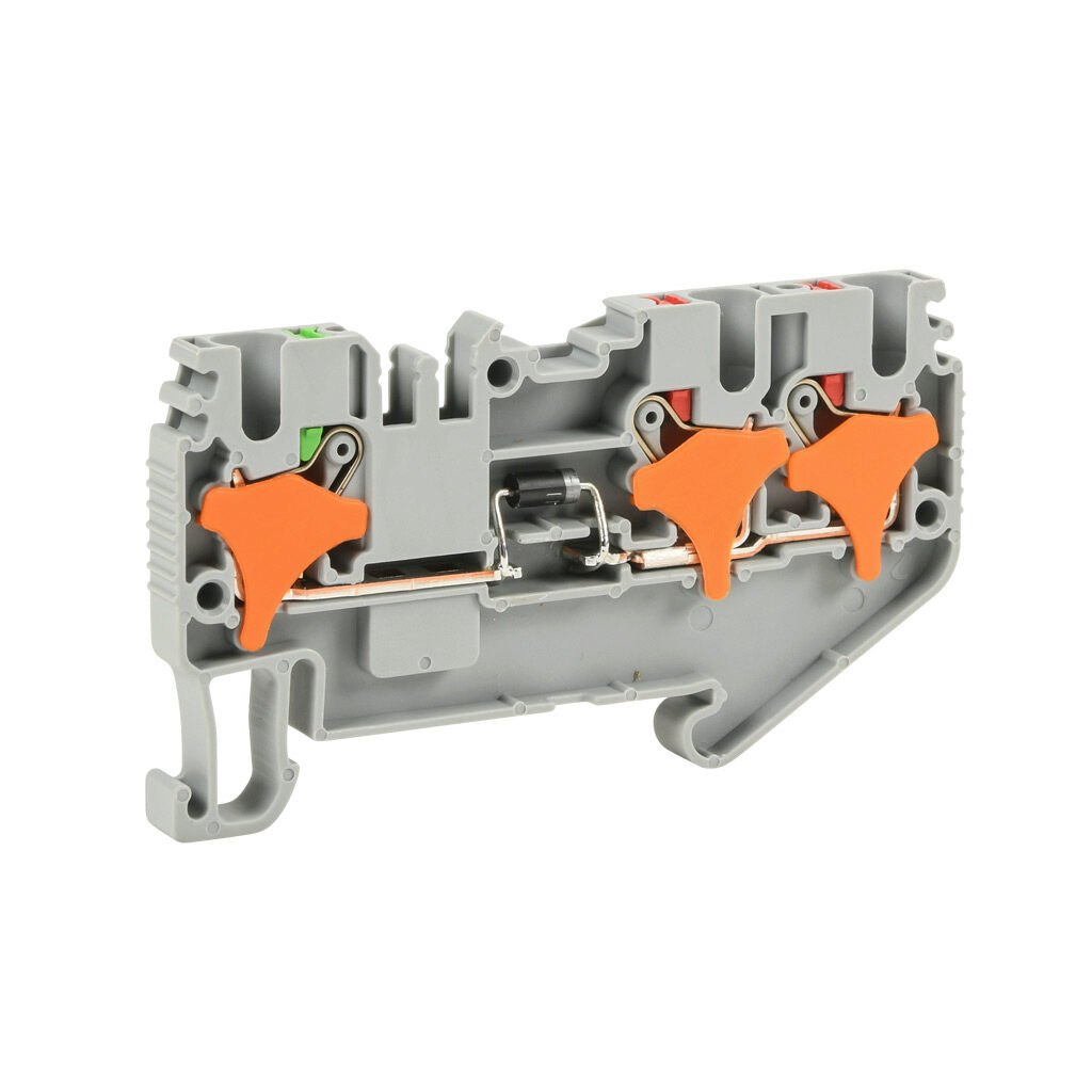 KN-P25DA-1-2-25 - Konnect-It screwless common point feedthrough terminal block, single-level, 2 inputs to 1 output with diode, cathode on input, accepts wire size 28-12 AWG, gray, 1A, 600 VAC/VDC, 35mm DIN rail mount. Package of 25.