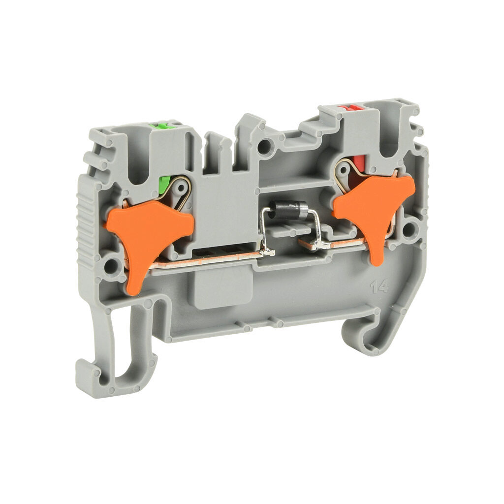 KN-P25DA-25 - Konnect-It screwless feedthrough terminal block, single-level with diode, cathode on input, accepts wire size 28-12 AWG, gray, 1A, 600 VAC/VDC, 35mm DIN rail mount. Package of 25.