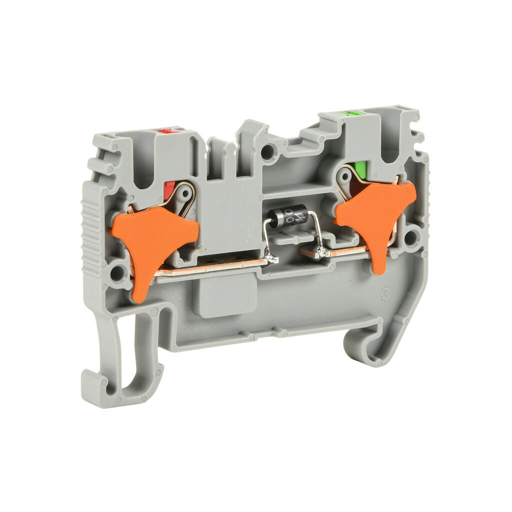 KN-P25DB - Konnect-It screwless feedthrough terminal block, single-level with diode, cathode on output, accepts wire size 28-12 AWG, gray, 1A, 600 VAC/VDC, 35mm DIN rail mount. Package of 50.