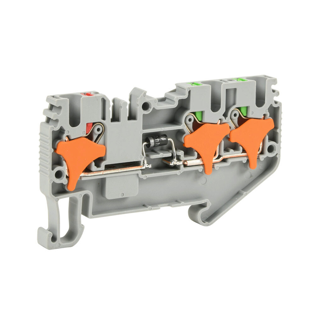 KN-P25DB-1-2-25 - Konnect-It screwless common point feedthrough terminal block, single-level, 2 inputs to 1 output with diode, cathode on output, accepts wire size 28-12 AWG, gray, 1A, 600 VAC/VDC, 35mm DIN rail mount. Package of 25.