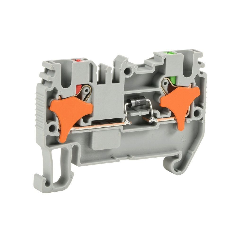 KN-P25DB-25 - Konnect-It screwless feedthrough terminal block, single-level with diode, cathode on output, accepts wire size 28-12 AWG, gray, 1A, 600 VAC/VDC, 35mm DIN rail mount. Package of 25.