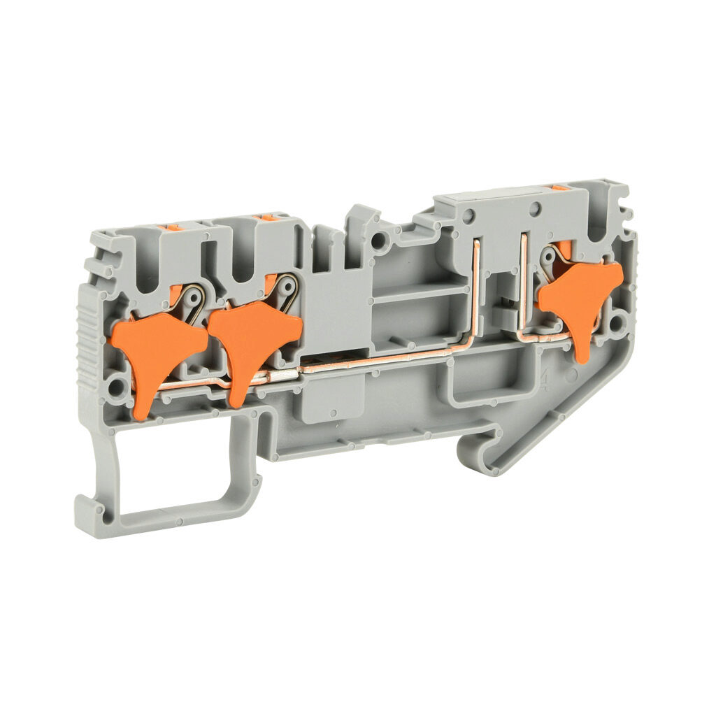 KN-P25E-1-2 - Konnect-It screwless common point feedthrough terminal block, single-level, 1 input to 2 outputs bridged, accepts wire size 28-12 AWG, gray, 20A, 300 VAC/VDC, 35mm DIN rail mount. Package of 50.