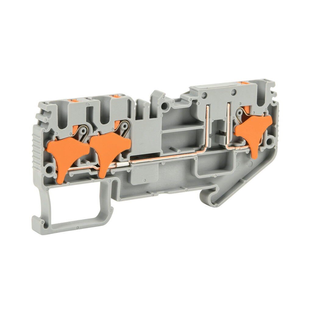 KN-P25E-1-2-25 - Konnect-It screwless common point feedthrough terminal block, single-level, 1 input to 2 outputs bridged, accepts wire size 28-12 AWG, gray, 20A, 300 VAC/VDC, 35mm DIN rail mount. Package of 25.