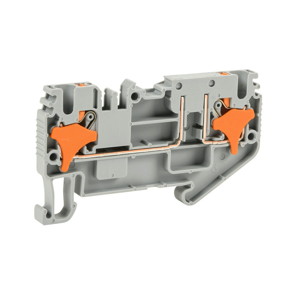 KN-P25E-25 - Konnect-It screwless feedthrough terminal block, single-level, bridged disconnect, accepts wire size 28-12 AWG, gray, 20A, 300 VAC/VDC, 35mm DIN rail mount. Package of 25.
