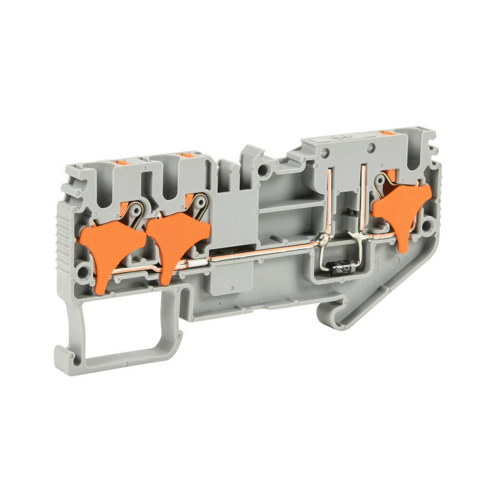 KN-P25EDA-1-2 - Konnect-It screwless common point feedthrough terminal block, single-level, 1 input to 2 outputs with diode, cathode on input, accepts wire size 28-12 AWG, gray, 1A, 300 VAC/VDC, 35mm DIN rail mount. Package of 50.