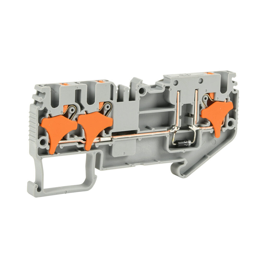 KN-P25EDA-1-2-25 - Konnect-It screwless common point feedthrough terminal block, single-level, 1 input to 2 outputs with diode, cathode on input, accepts wire size 28-12 AWG, gray, 1A, 300 VAC/VDC, 35mm DIN rail mount. Package of 25.