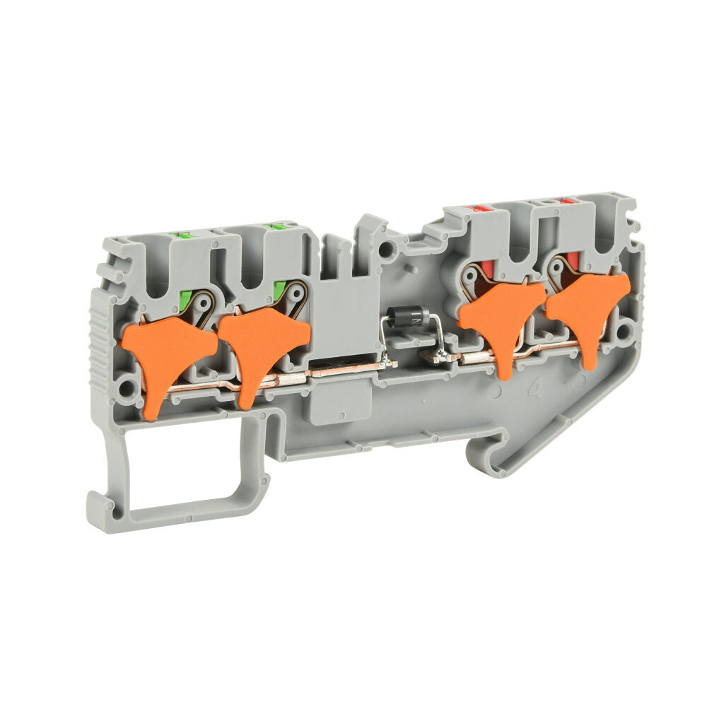 KN-P25EDA-2-2-25 - Konnect-It screwless common point feedthrough terminal block, single-level, 2 inputs to 2 outputs bridged with diode, cathode on input, accepts wire size 28-12 AWG, gray, 1A, 600 VAC/VDC, 35mm DIN rail mount. Package of 25.