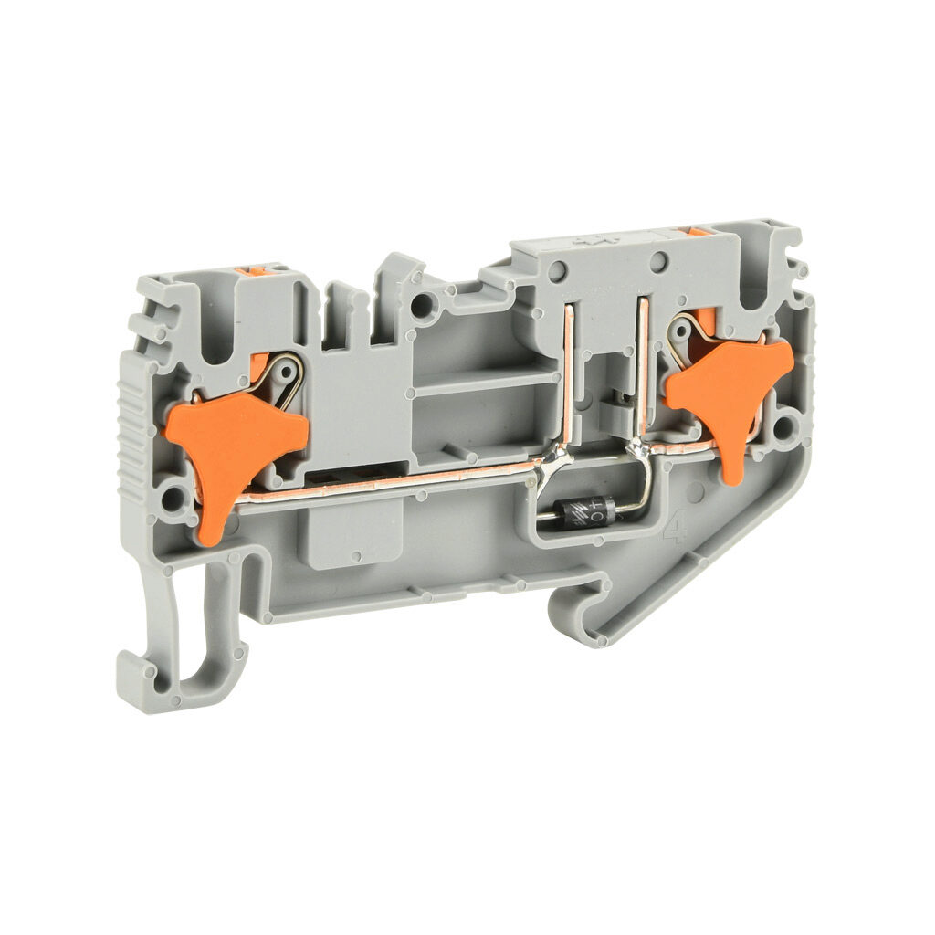 KN-P25EDA-25 - Konnect-It screwless feedthrough terminal block, single-level, 1 input to 1 output with diode, cathode on input, accepts wire size 28-12 AWG, gray, 1A, 300 VAC/VDC, 35mm DIN rail mount. Package of 25.