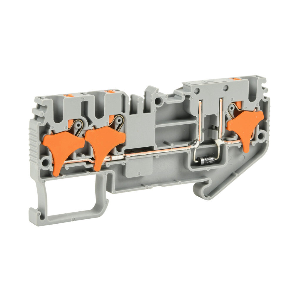 KN-P25EDB-1-2-25 - Konnect-It screwless common point feedthrough terminal block, single-level, 1 input to 2 outputs with diode, cathode on output, accepts wire size 28-12 AWG, gray, 1A, 300 VAC/VDC, 35mm DIN rail mount. Package of 25.