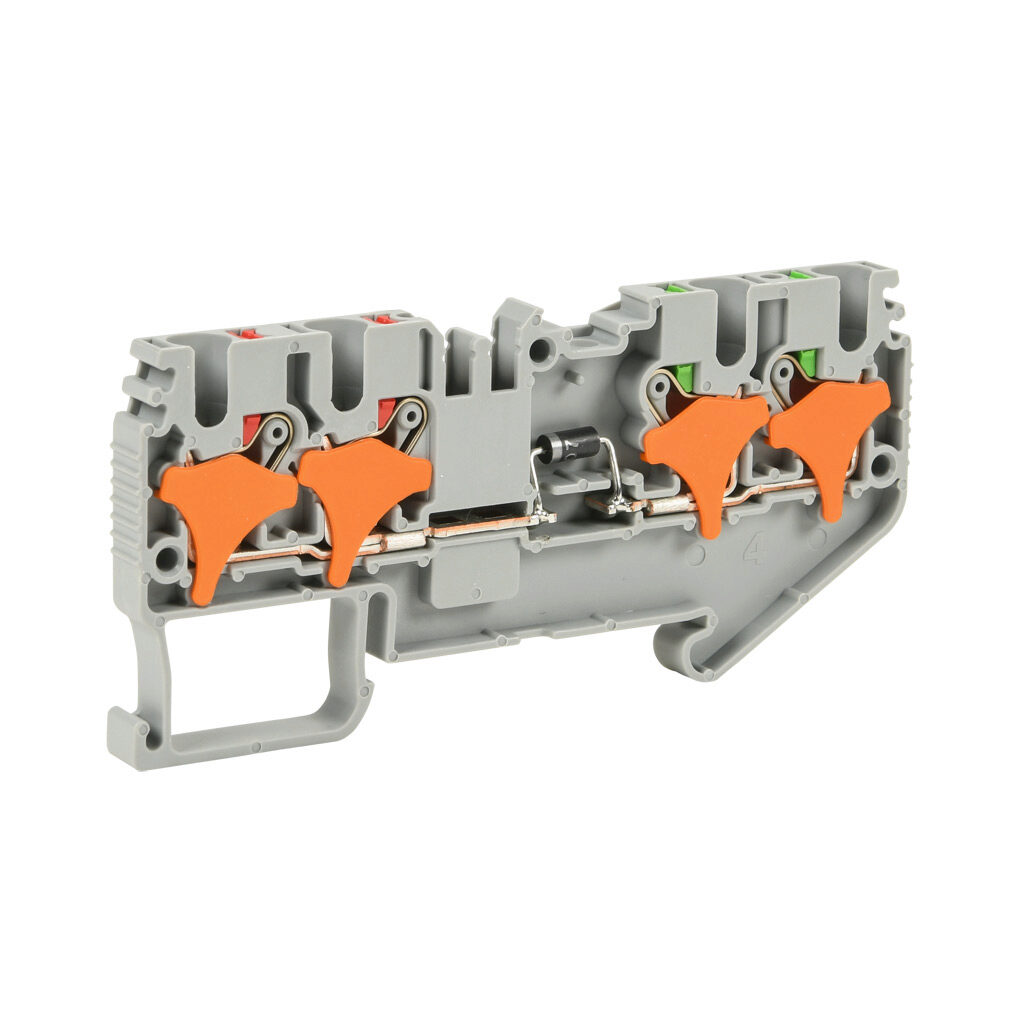 KN-P25EDB-2-2 - Konnect-It screwless common point feedthrough terminal block, single-level, 2 inputs to 2 outputs bridged with diode, cathode on output, accepts wire size 28-12 AWG, gray, 1A, 600 VAC/VDC, 35mm DIN rail mount. Package of 50.