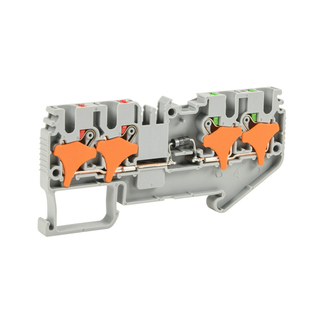 KN-P25EDB-2-2-25 - Konnect-It screwless common point feedthrough terminal block, single-level, 2 inputs to 2 outputs bridged with diode, cathode on output, accepts wire size 28-12 AWG, gray, 1A, 600 VAC/VDC, 35mm DIN rail mount. Package of 25.