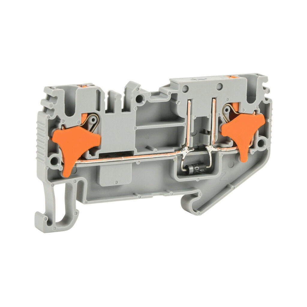 KN-P25EDB-25 - Konnect-It screwless feedthrough terminal block, single-level, 1 input to 1 output with diode, cathode on output, accepts wire size 28-12 AWG, gray, 1A, 300 VAC/VDC, 35mm DIN rail mount. Package of 25.