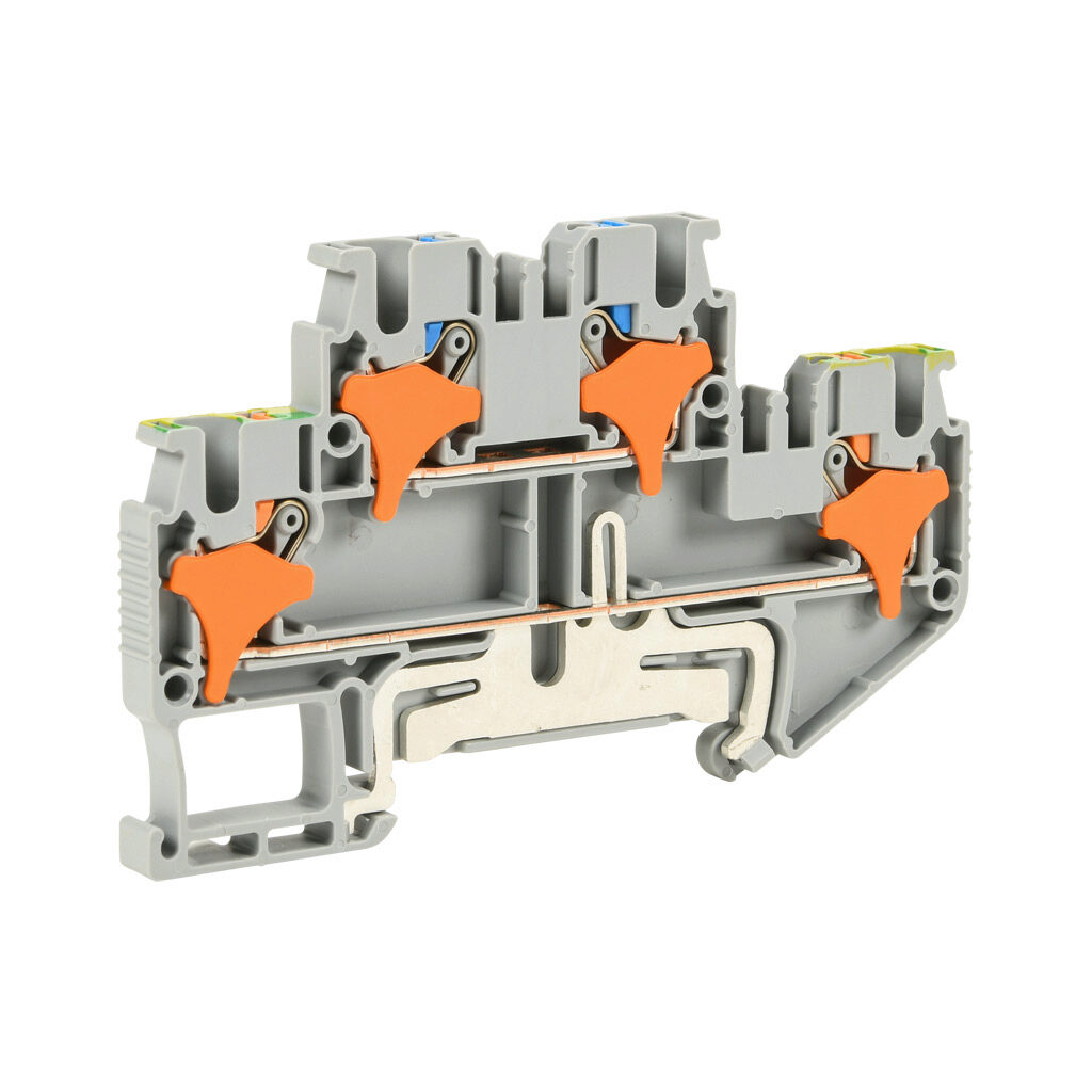 KN-PD25-1-GND - Konnect-It screwless feedthrough terminal block, double-level with ground and marked for neutral and ground, accepts wire size 28-12 AWG, gray, 20A, 300 VAC/VDC, 35mm DIN rail mount. Package of 50.