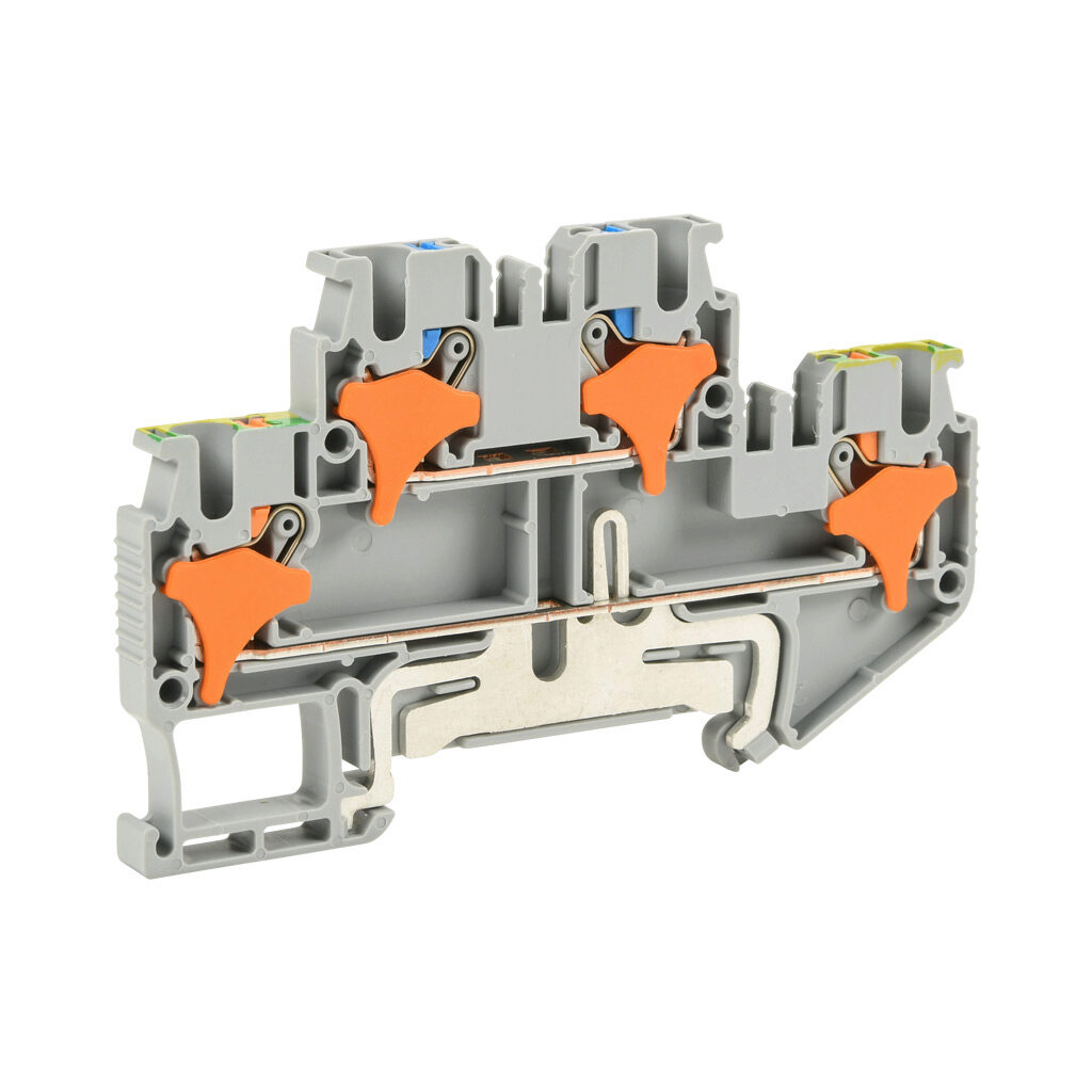 KN-PD25-1-GND-25 - Konnect-It screwless feedthrough terminal block, double-level with ground and marked for neutral and ground, accepts wire size 28-12 AWG, gray, 20A, 300 VAC/VDC, 35mm DIN rail mount. Package of 25.