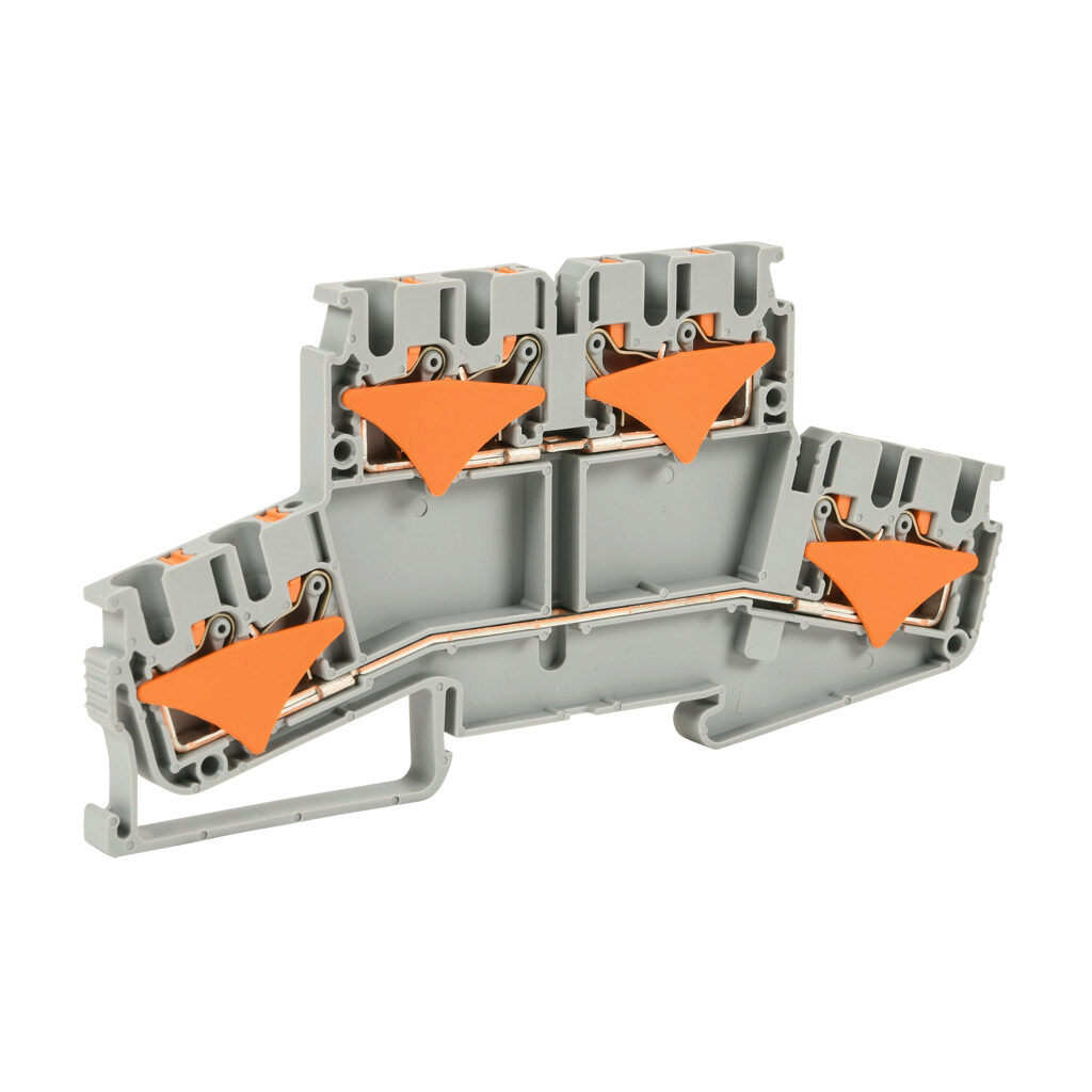 KN-PD25-2-2 - Konnect-It screwless feedthrough terminal block, double-level, 2 inputs to 2 outputs each level, accepts wire size 28-12 AWG, gray, 20A, 300 VAC/VDC, 35mm DIN rail mount. Package of 50.