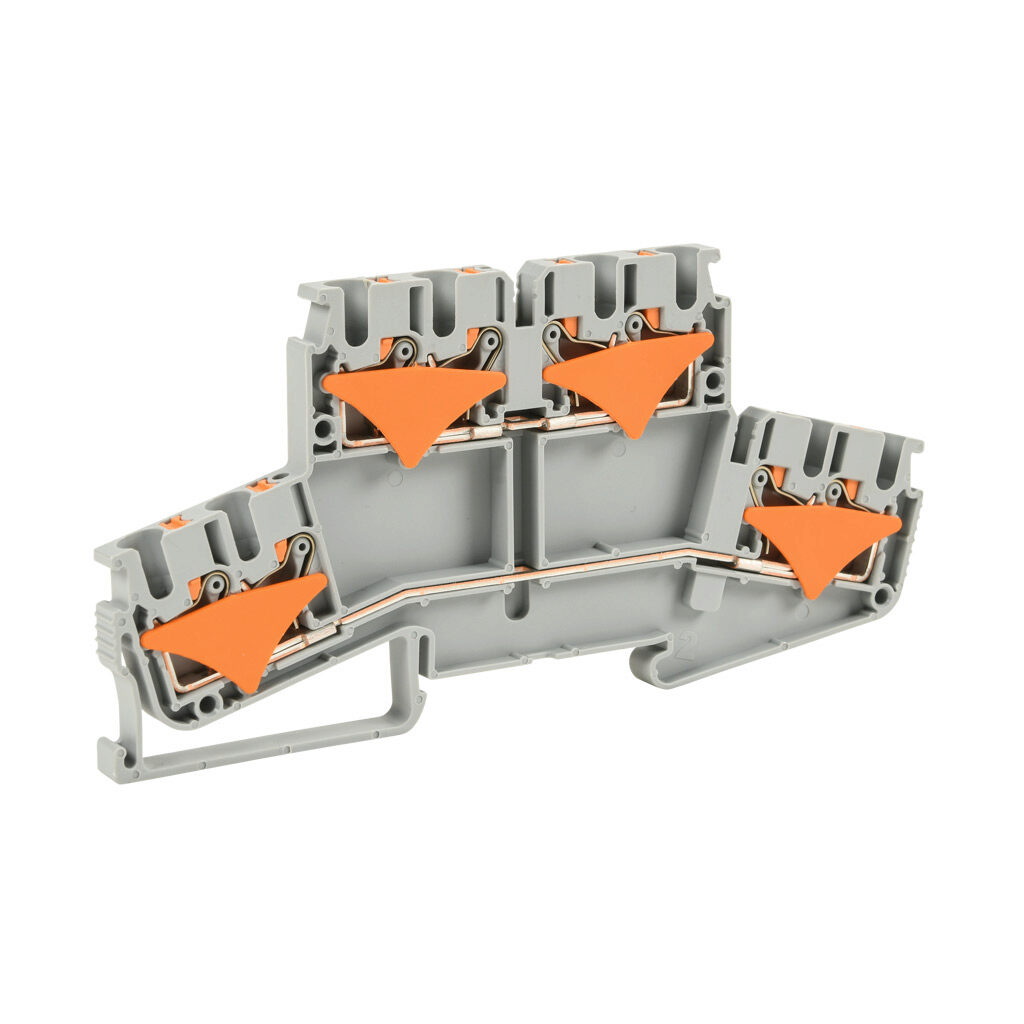 KN-PD25-2-2-25 - Konnect-It screwless feedthrough terminal block, double-level, 2 inputs to 2 outputs each level, accepts wire size 28-12 AWG, gray, 20A, 300 VAC/VDC, 35mm DIN rail mount. Package of 25.