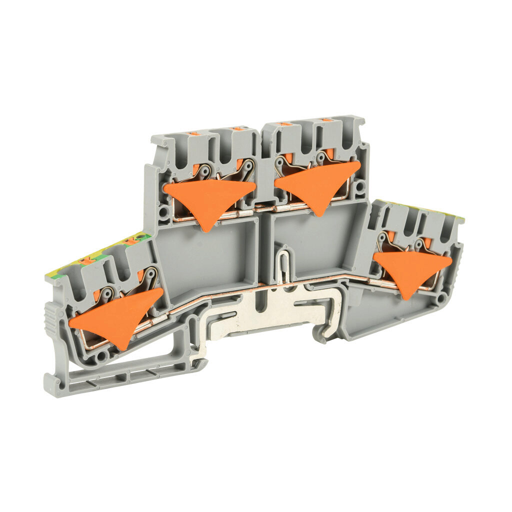 KN-PD25-2-2GND - Konnect-It screwless feedthrough terminal block, double-level, 4 inputs to 4 outputs with ground, accepts wire size 28-12 AWG, gray, 20A, 300 VAC/VDC, 35mm DIN rail mount. Package of 50.