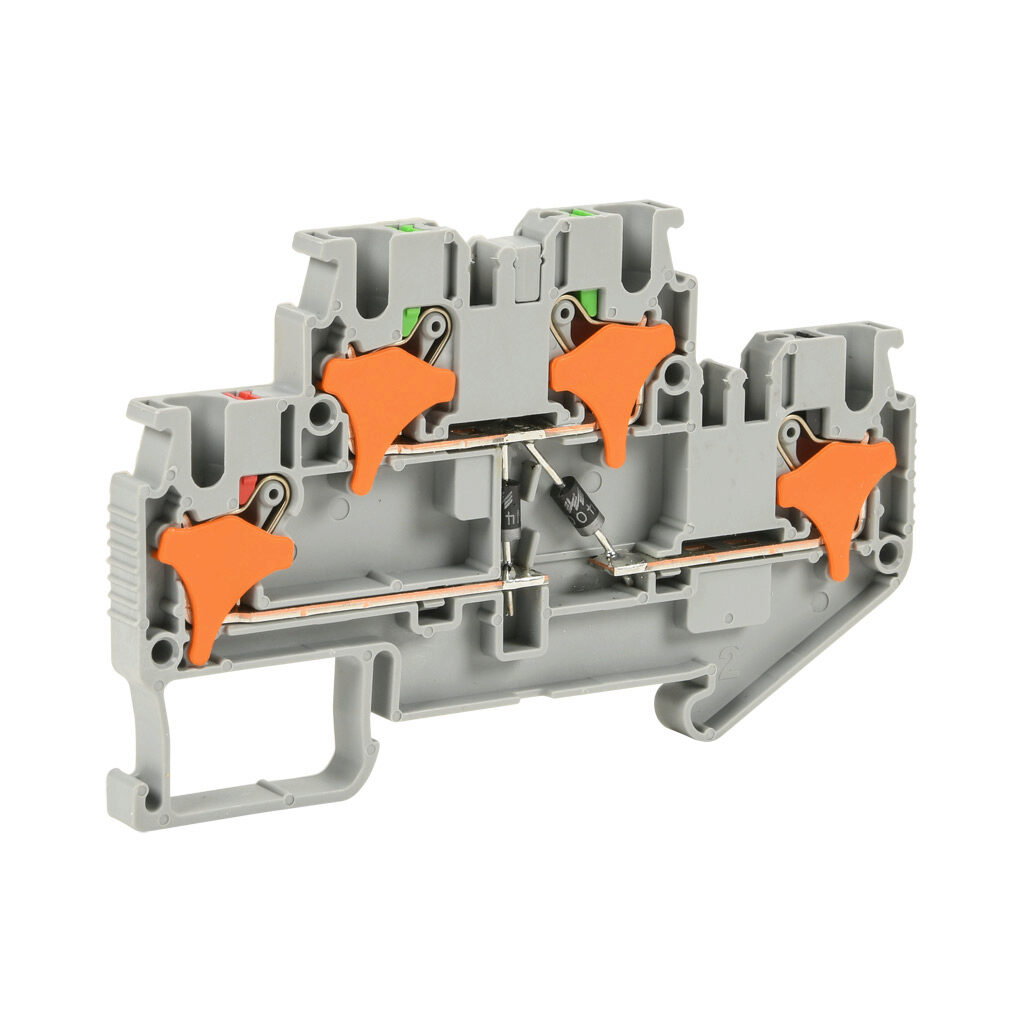 KN-PD25DA2 - Konnect-It screwless feedthrough terminal block, double-level, 2 diodes connected between levels, lower level no connection, cathodes on lower level, accepts wire size 28-12 AWG, gray, 1A, 300 VAC/VDC, 35mm DIN rail mount. Package of 25.
