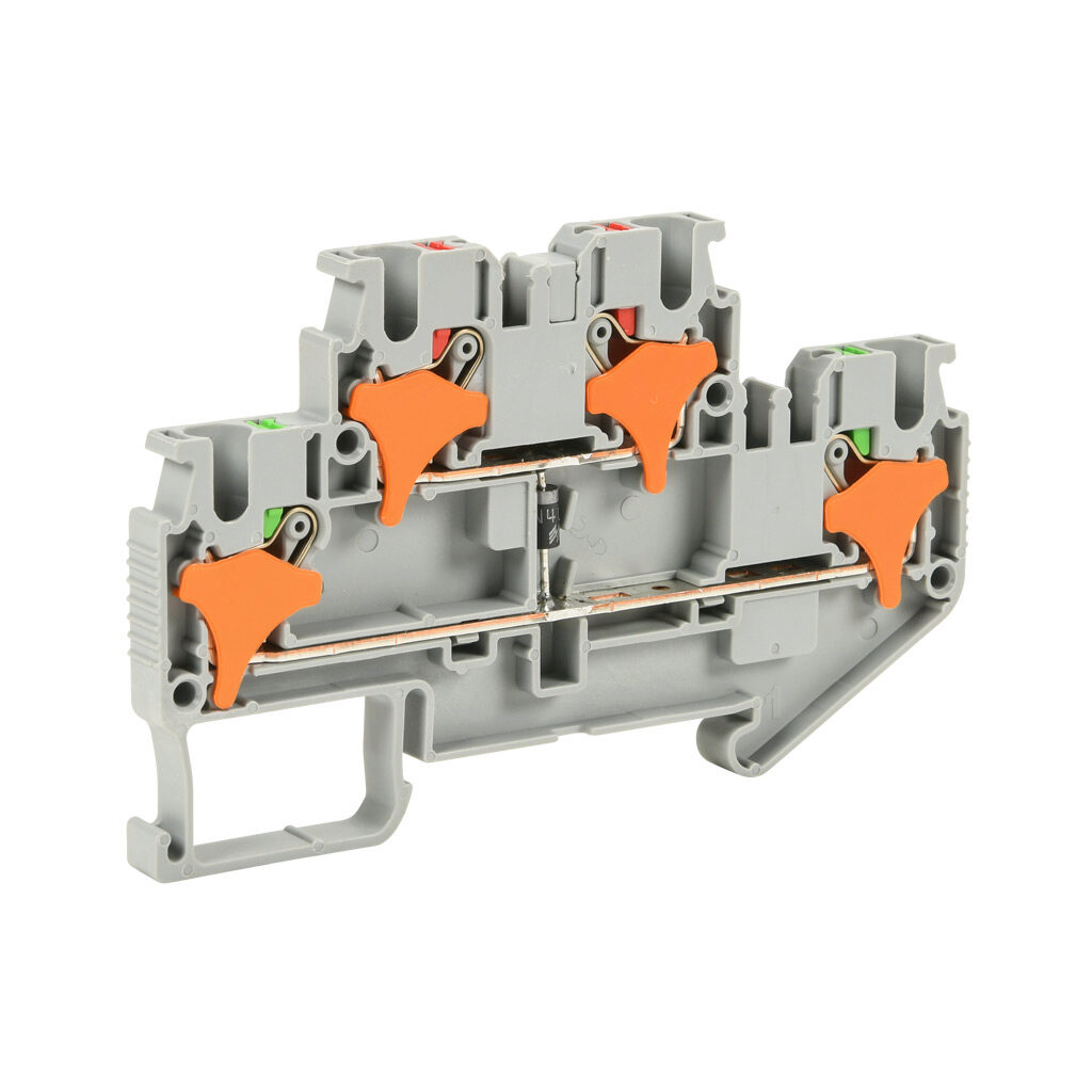 KN-PD25DB - Konnect-It screwless feedthrough terminal block, double-level, 1 diode connected between levels, cathode on top level, accepts wire size 28-12 AWG, gray, 1A, 300 VAC/VDC, 35mm DIN rail mount. Package of 25.