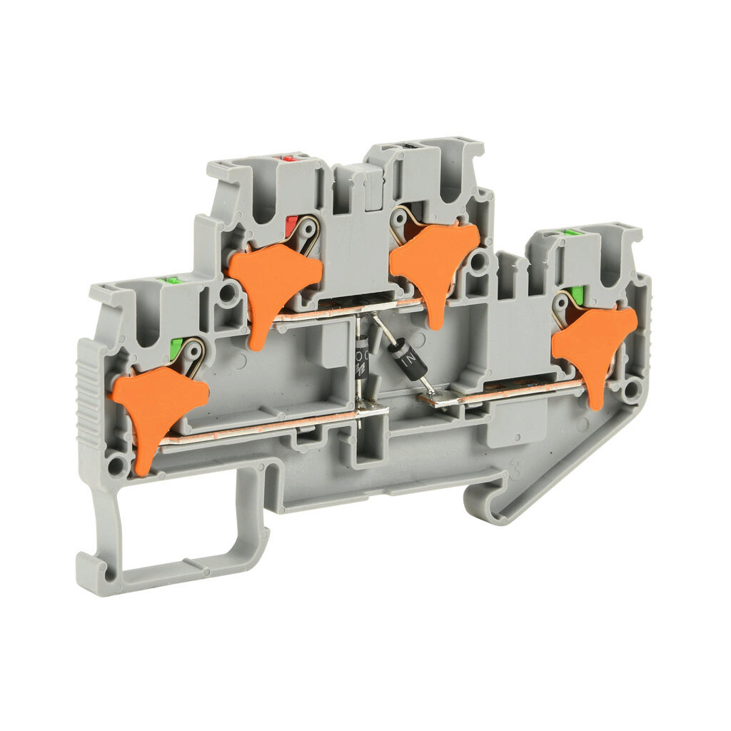 KN-PD25DC2 - Konnect-It screwless feedthrough terminal block, double-level, 2 diodes connected between levels, lower level no connection, cathodes on top level, accepts wire size 28-12 AWG, gray, 1A, 300 VAC/VDC, 35mm DIN rail mount. Package of 25.