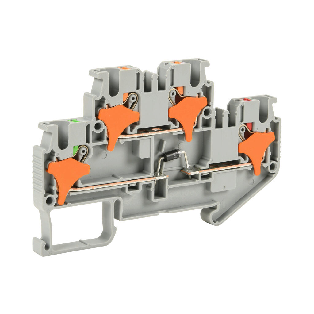 KN-PD25DL - Konnect-It screwless feedthrough terminal block, double-level, 1 diode connected lower level, cathode on input, accepts wire size 28-12 AWG, gray, 1A, 300 VAC/VDC, 35mm DIN rail mount. Package of 25.