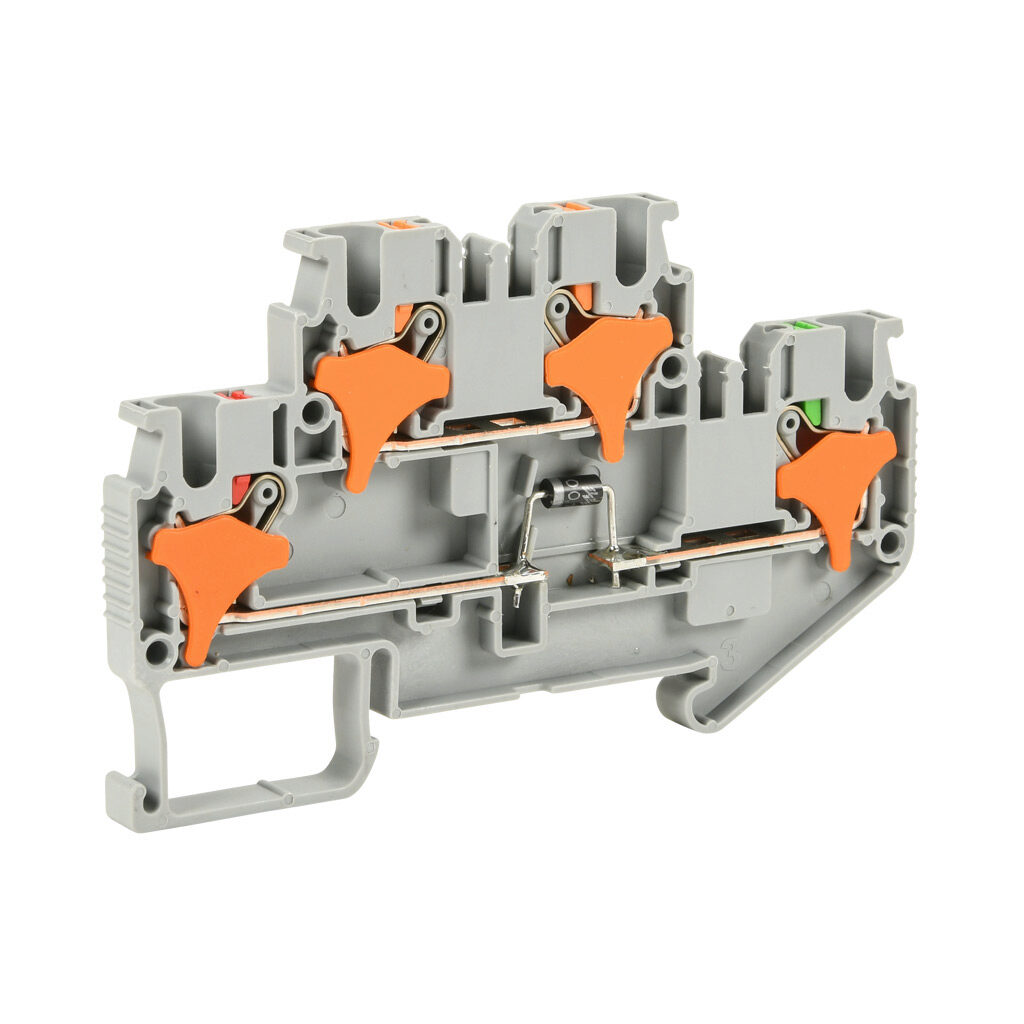 KN-PD25DR - Konnect-It screwless feedthrough terminal block, double-level, 1 diode connected lower level, cathode on output, accepts wire size 28-12 AWG, gray, 1A, 300 VAC/VDC, 35mm DIN rail mount. Package of 25.