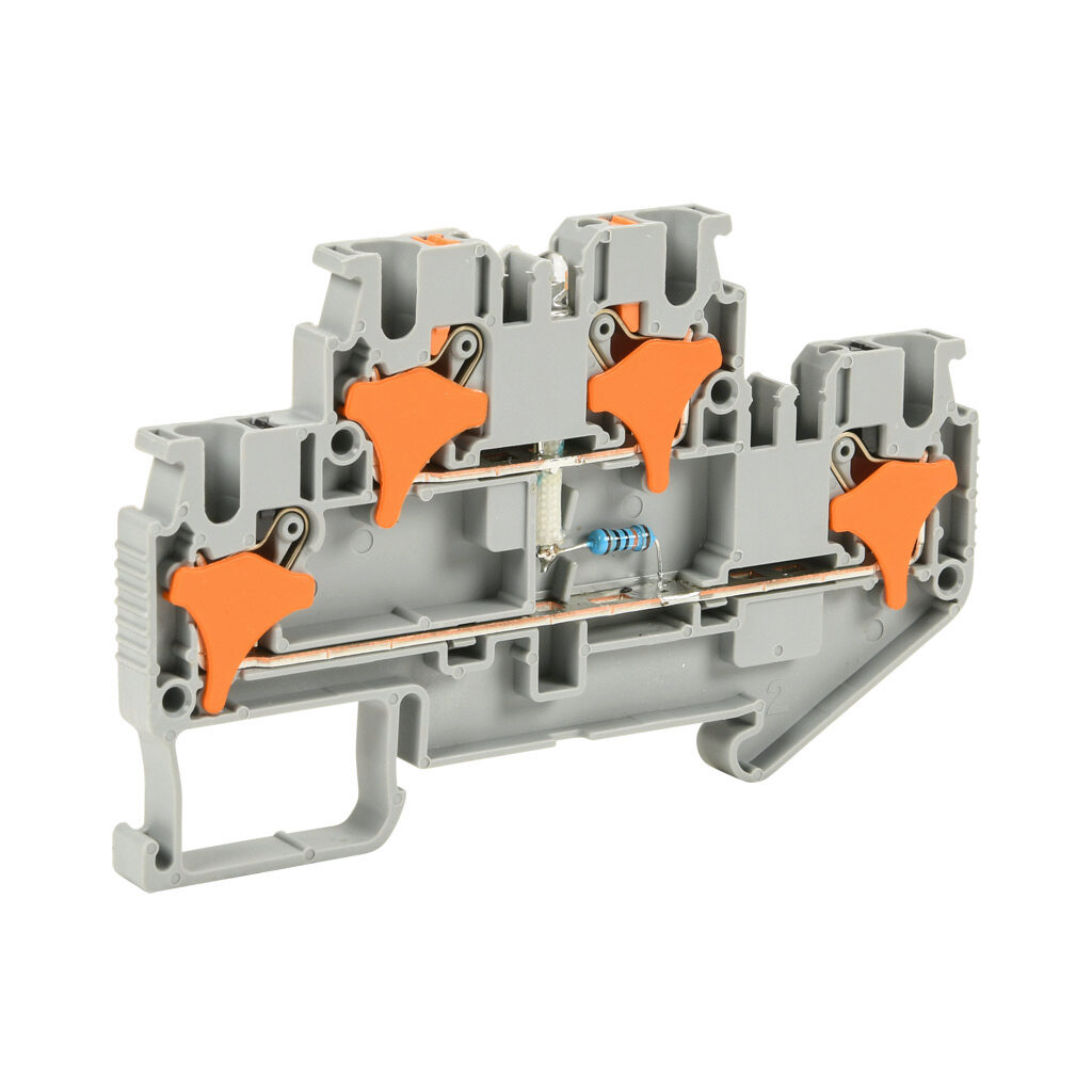 KN-PD25LD110 - Konnect-It screwless feedthrough terminal block, double-level, connected between levels with power indicator, accepts wire size 28-12 AWG, gray, 20A, 110 VAC/VDC, LED indicator(s), 35mm DIN rail mount. Package of 25.