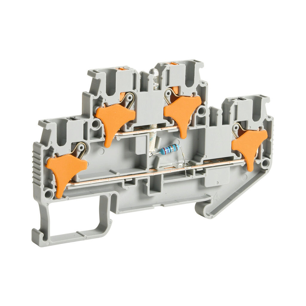 KN-PD25LD220 - Konnect-It screwless feedthrough terminal block, double-level, connected between levels with power indicator, accepts wire size 28-12 AWG, gray, 20A, 220 VAC/VDC, LED indicator(s), 35mm DIN rail mount. Package of 25.