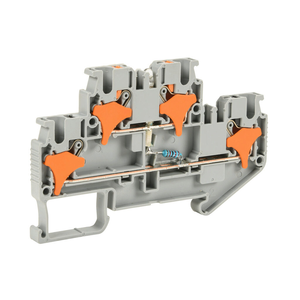 KN-PD25LD24 - Konnect-It screwless feedthrough terminal block, double-level, connected between levels with power indicator, accepts wire size 28-12 AWG, gray, 20A, 24 VAC/VDC, LED indicator(s), 35mm DIN rail mount. Package of 25.