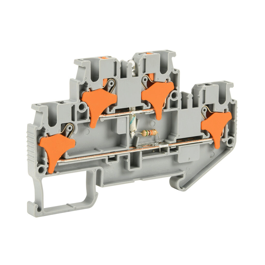 KN-PD25LD48 - Konnect-It screwless feedthrough terminal block, double-level, connected between levels with power indicator, accepts wire size 28-12 AWG, gray, 20A, 48 VAC/VDC, LED indicator(s), 35mm DIN rail mount. Package of 25.