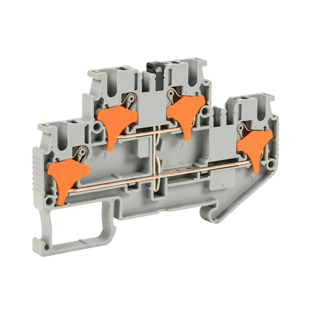 KN-PD25X - Konnect-It screwless feedthrough terminal block, double-level, connected between levels, accepts wire size 28-12 AWG, gray, 20A, 300 VAC/VDC, 35mm DIN rail mount. Package of 50.