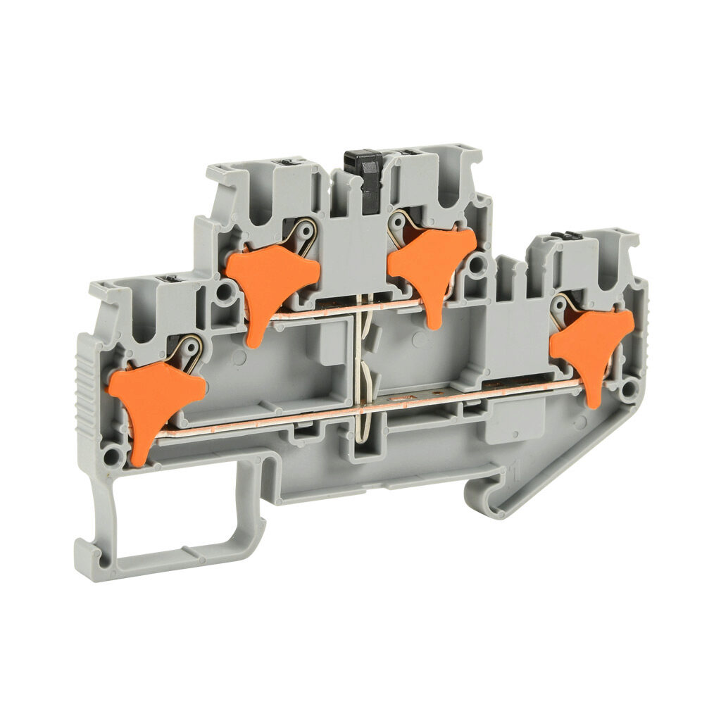 KN-PD25X-25 - Konnect-It screwless feedthrough terminal block, double-level, connected between levels, accepts wire size 28-12 AWG, gray, 20A, 300 VAC/VDC, 35mm DIN rail mount. Package of 25.
