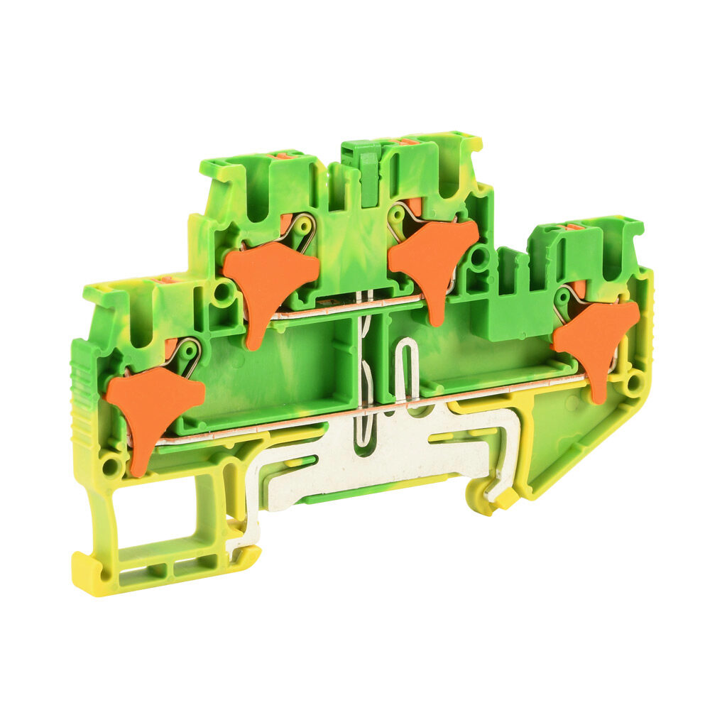 KN-PDG25 - Konnect-It screwless grounding terminal block, double-level connected between levels, accepts wire size 28-12 AWG, yellow/green, 300 VAC/VDC, 35mm DIN rail mount. Package of 50.