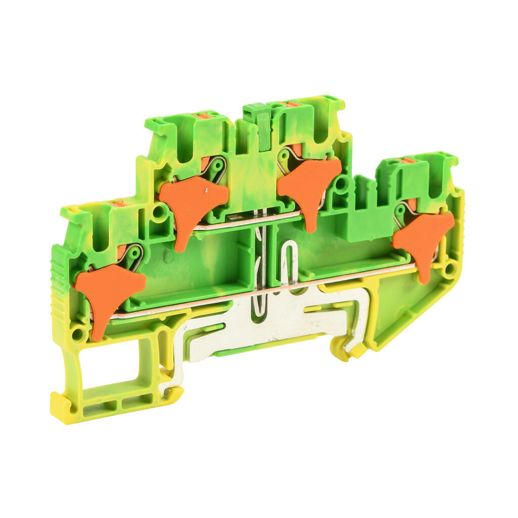 KN-PDG25-25 - Konnect-It screwless grounding terminal block, double-level connected between levels, accepts wire size 28-12 AWG, yellow/green, 300 VAC/VDC, 35mm DIN rail mount. Package of 25.
