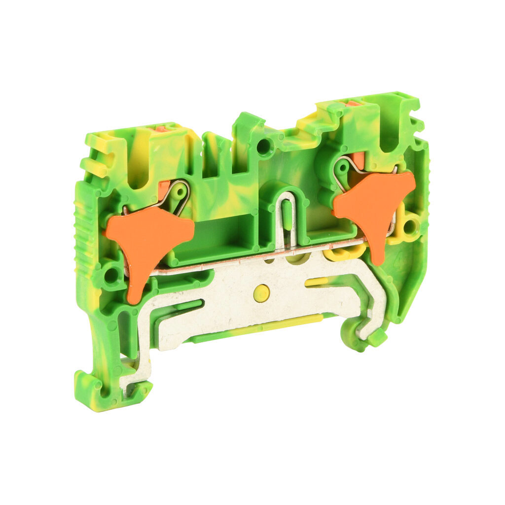 KN-PG25 - Konnect-It screwless grounding terminal block, single-level, accepts wire size 28-12 AWG, yellow/green, 600 VAC/VDC, 35mm DIN rail mount. Package of 50.
