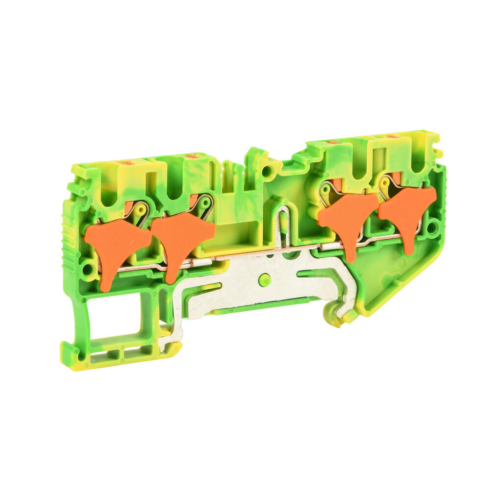 KN-PG25-2-2 - Konnect-It screwless grounding terminal block, single-level, 2 inputs to 2 outputs, accepts wire size 28-12 AWG, yellow/green, 600 VAC/VDC, 35mm DIN rail mount. Package of 50.