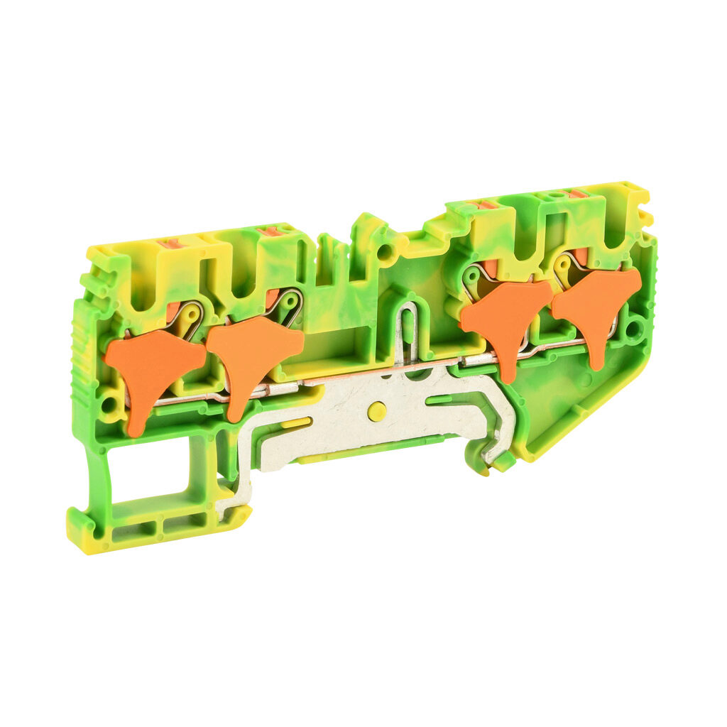 KN-PG25-2-2-25 - Konnect-It screwless grounding terminal block, single-level, 2 inputs to 2 outputs, accepts wire size 28-12 AWG, yellow/green, 600 VAC/VDC, 35mm DIN rail mount. Package of 25.
