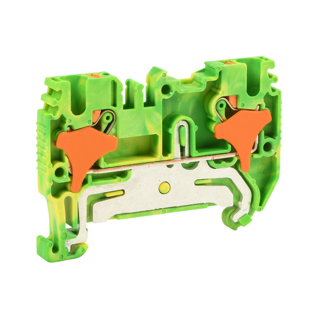 KN-PG25-25 - Konnect-It screwless grounding terminal block, single-level, accepts wire size 28-12 AWG, yellow/green, 600 VAC/VDC, 35mm DIN rail mount. Package of 25.