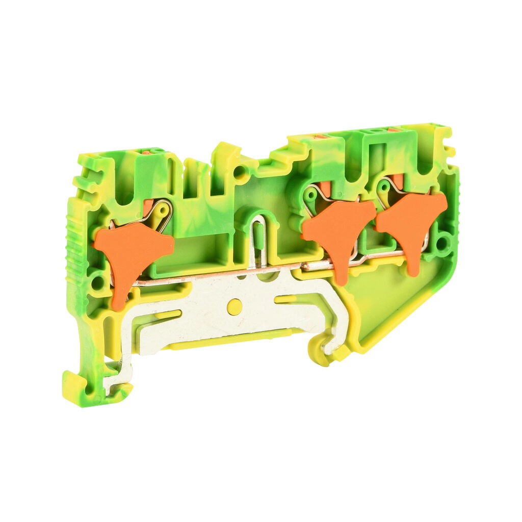 KN-PG25E-1-2 - Konnect-It screwless grounding terminal block, single-level, 2 inputs to 1 output, accepts wire size 28-12 AWG, yellow/green, 600 VAC/VDC, 35mm DIN rail mount. Package of 50.
