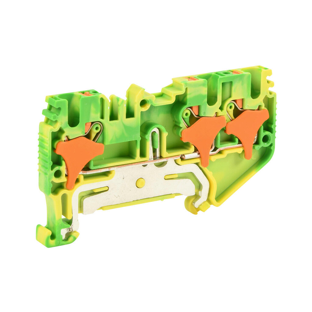 KN-PG25E-1-2-25 - Konnect-It screwless grounding terminal block, single-level, 2 inputs to 1 output, accepts wire size 28-12 AWG, yellow/green, 600 VAC/VDC, 35mm DIN rail mount. Package of 25.