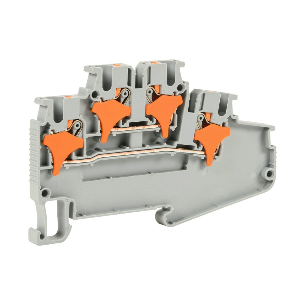 KN-PMD25 - Konnect-It screwless compact feedthrough terminal block, double-level, accepts wire size 28-12 AWG, gray, 20A, 150 VAC/VDC, 35mm DIN rail mount. Package of 50.