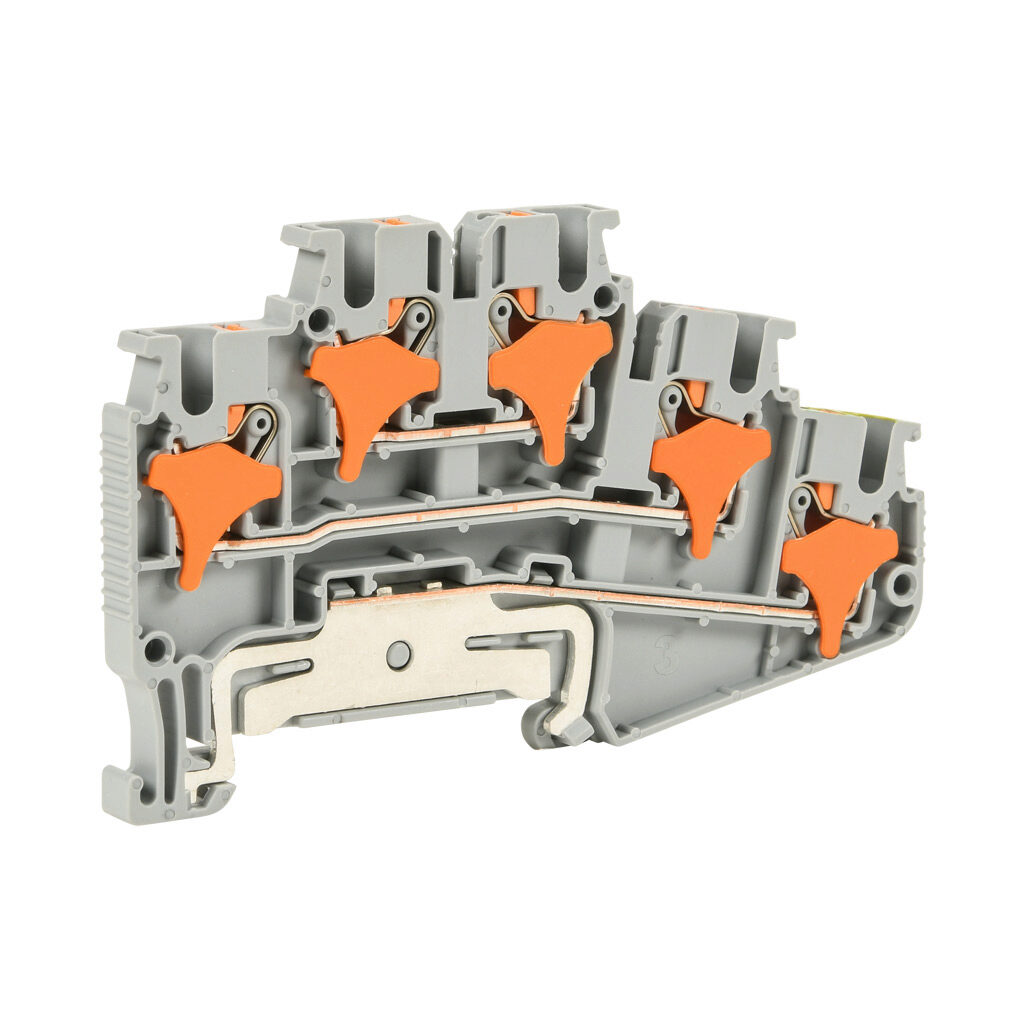 KN-PMD25-1-1-GND - Konnect-It screwless compact feedthrough terminal block, double-level with ground, accepts wire size 28-12 AWG, gray, 20A, 150 VAC/VDC, 35mm DIN rail mount. Package of 50.