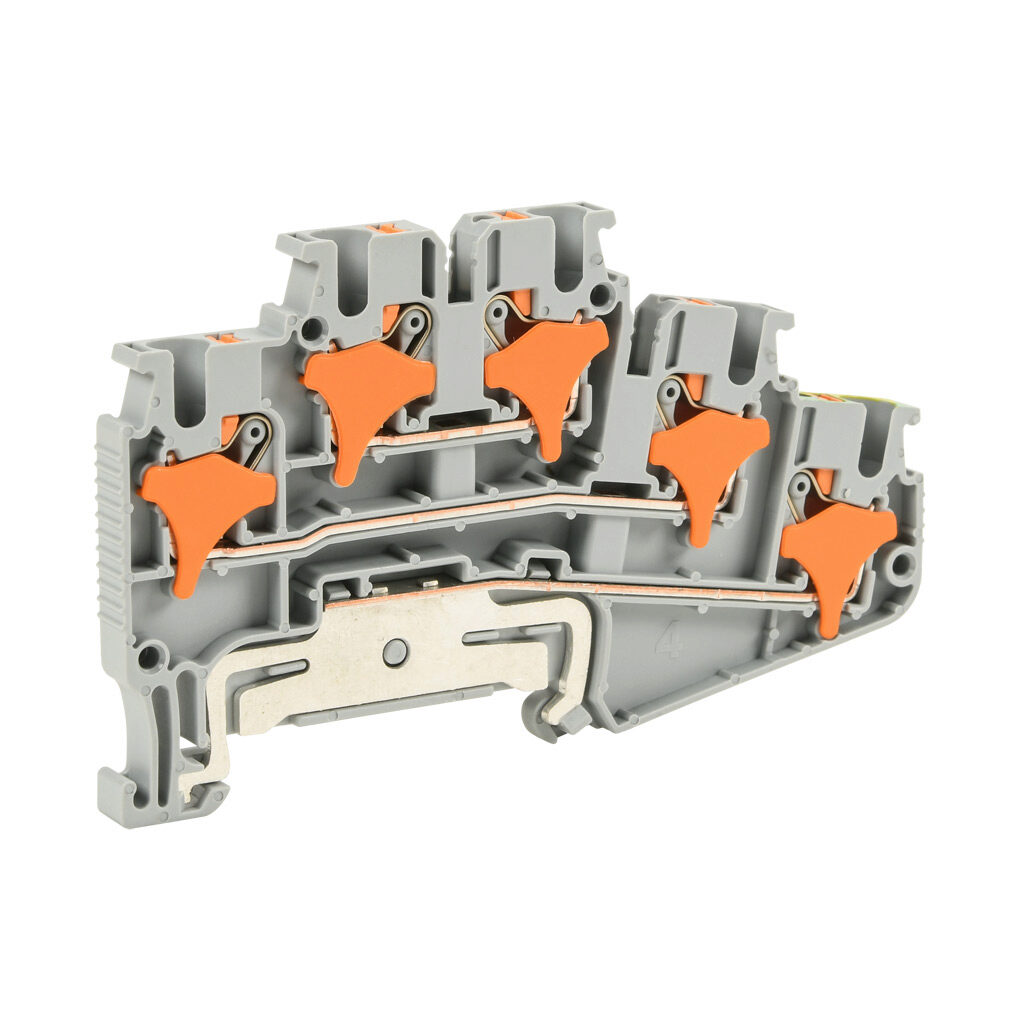 KN-PMD25-1-1-GND-25 - Konnect-It screwless compact feedthrough terminal block, double-level with ground, accepts wire size 28-12 AWG, gray, 20A, 150 VAC/VDC, 35mm DIN rail mount. Package of 25.