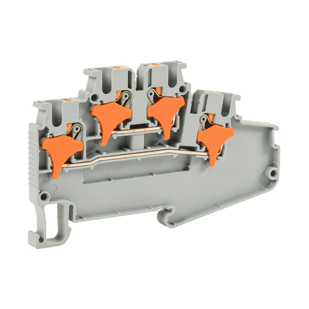 KN-PMD25-25 - Konnect-It screwless compact feedthrough terminal block, double-level, accepts wire size 28-12 AWG, gray, 20A, 150 VAC/VDC, 35mm DIN rail mount. Package of 25.