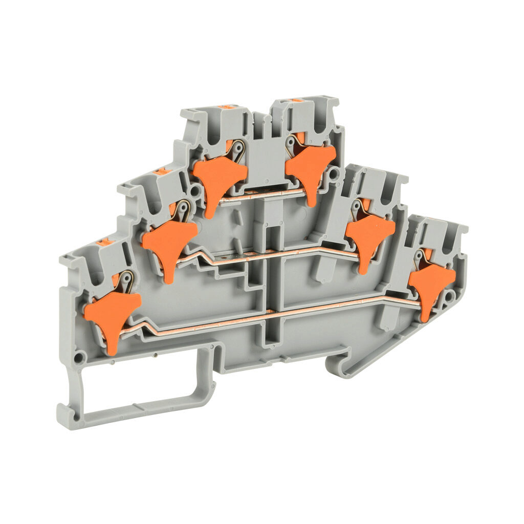 KN-PT25 - Konnect-It screwless feedthrough terminal block, triple-level, accepts wire size 28-12 AWG, gray, 20A, 300 VAC/VDC, 35mm DIN rail mount. Package of 50.