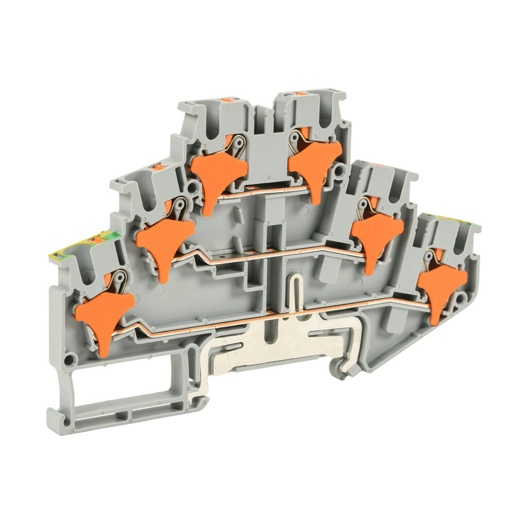 KN-PT25-1-1-1GND - Konnect-It screwless feedthrough terminal block, triple-level with ground, accepts wire size 28-12 AWG, gray, 20A, 300 VAC/VDC, 35mm DIN rail mount. Package of 50.