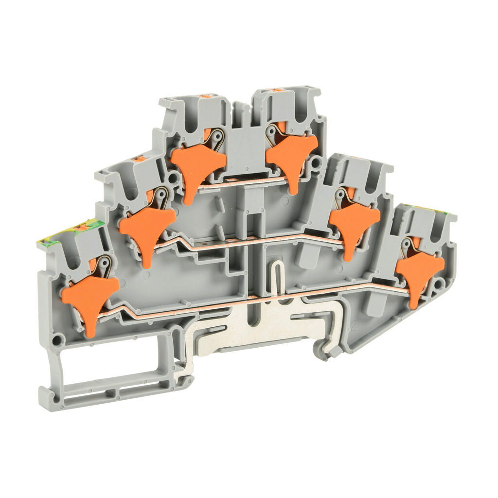 KN-PT25-1-1-1GND-25 - Konnect-It screwless feedthrough terminal block, triple-level with ground, accepts wire size 28-12 AWG, gray, 20A, 300 VAC/VDC, 35mm DIN rail mount. Package of 25.